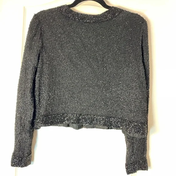 Vintage Patra Petite Black Beaded Silk Evening Jacket Cropped Size PM 80s 90s - Picture 5 of 16